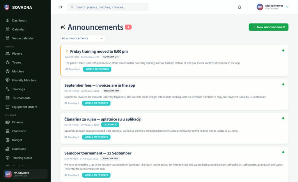 The Sqvadra announcements list, marked visible to parents with a read counter.
