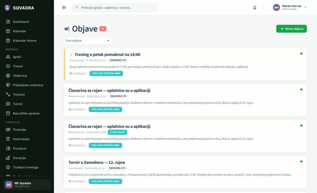 Popis objava u Sqvadri s oznakom da su vidljive roditeljima i brojačem pročitanog.