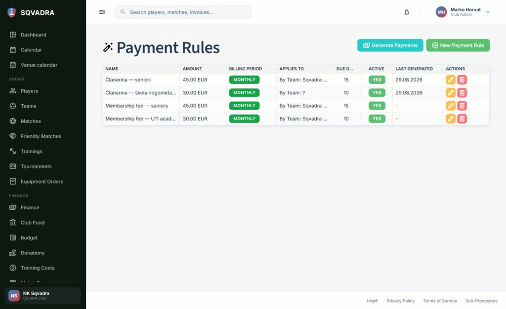 Payment rules in Sqvadra: a monthly fee per squad with amount and due day.