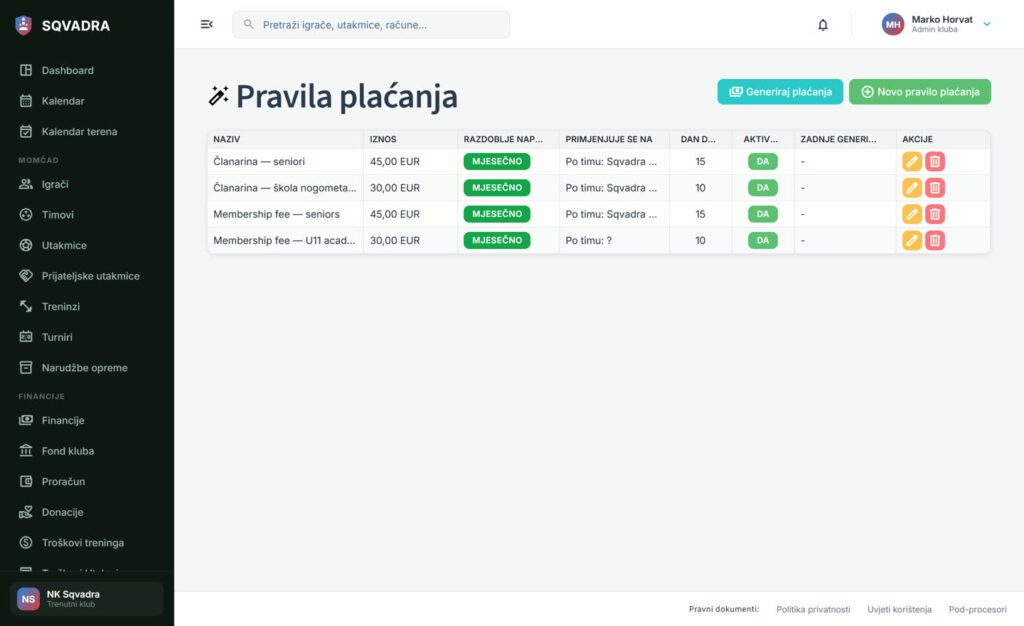 Pravila plaćanja u Sqvadri: mjesečna članarina po momčadi s iznosom i danom dospijeća.